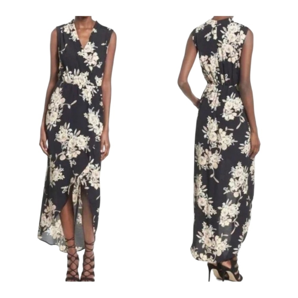 ASTR The Label Womens Black Floral Rayon Maxi Dress S High Low Wrap V-Neck Boho